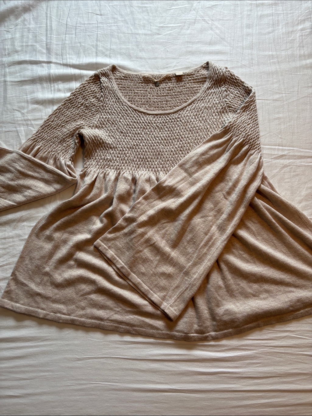 Smocked Scoop-Neck Tunic In Neutral Beige